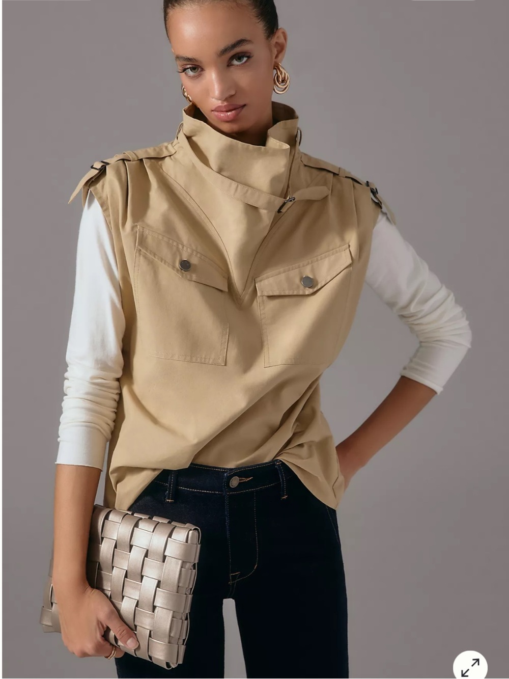 Mare Mare by Anthropologie Tan Sleeveless Utility Top with Front Flap Pockets
